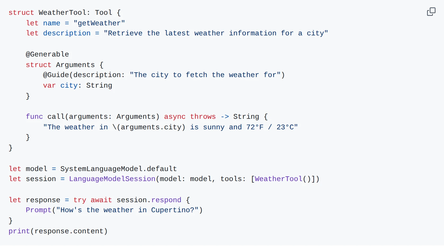 A code snippet from the AnyLanguageModel project's README, illustrating the Swift API and provider selection.