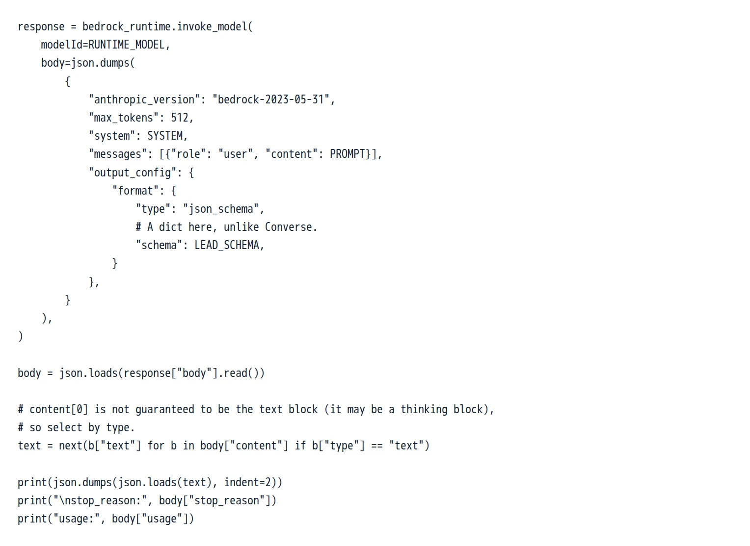 Python code showing invocation of bedrock_runtime.invoke_model with a JSON schema output configuration.